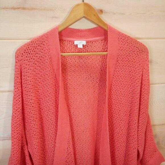 J Jill Women's size M Open Front Cardigan Peachy Coral Open-Knit Beachy - Picture 2 of 10